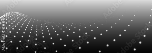 An abstract monochrome wave of glowing dots on a dark background. The illustration conveys the visualization of a data flow, a three-dimensional grid, forming a futuristic landscape of glowing particl