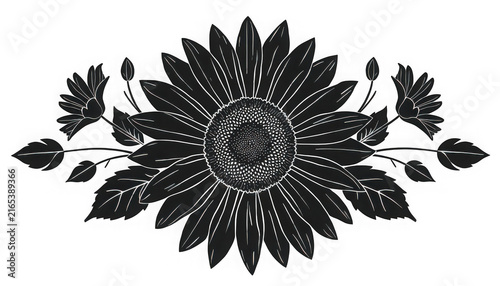 An intricate black and white floral illustration features a prominent central sunflower flanked by decorative smaller flowers and swirling botanical elements.