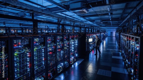 IT technician working in a modern server room data center with glowing blue server racks.