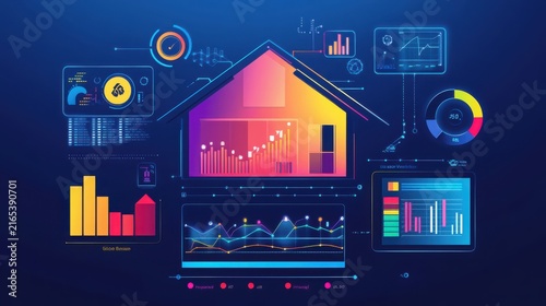 Abstract representation of a house overlaid with numerous data charts, graphs, and analytical icons.