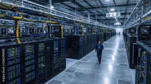Technician walking through a large modern data center server room for IT infrastructure maintenance