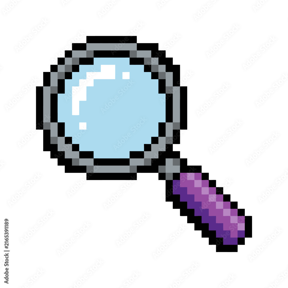 Fototapeta premium Pixel Art Magnifying Glass Illustration Featuring a Vibrant Purple Handle and Classic Detective Investigation Symbol Design