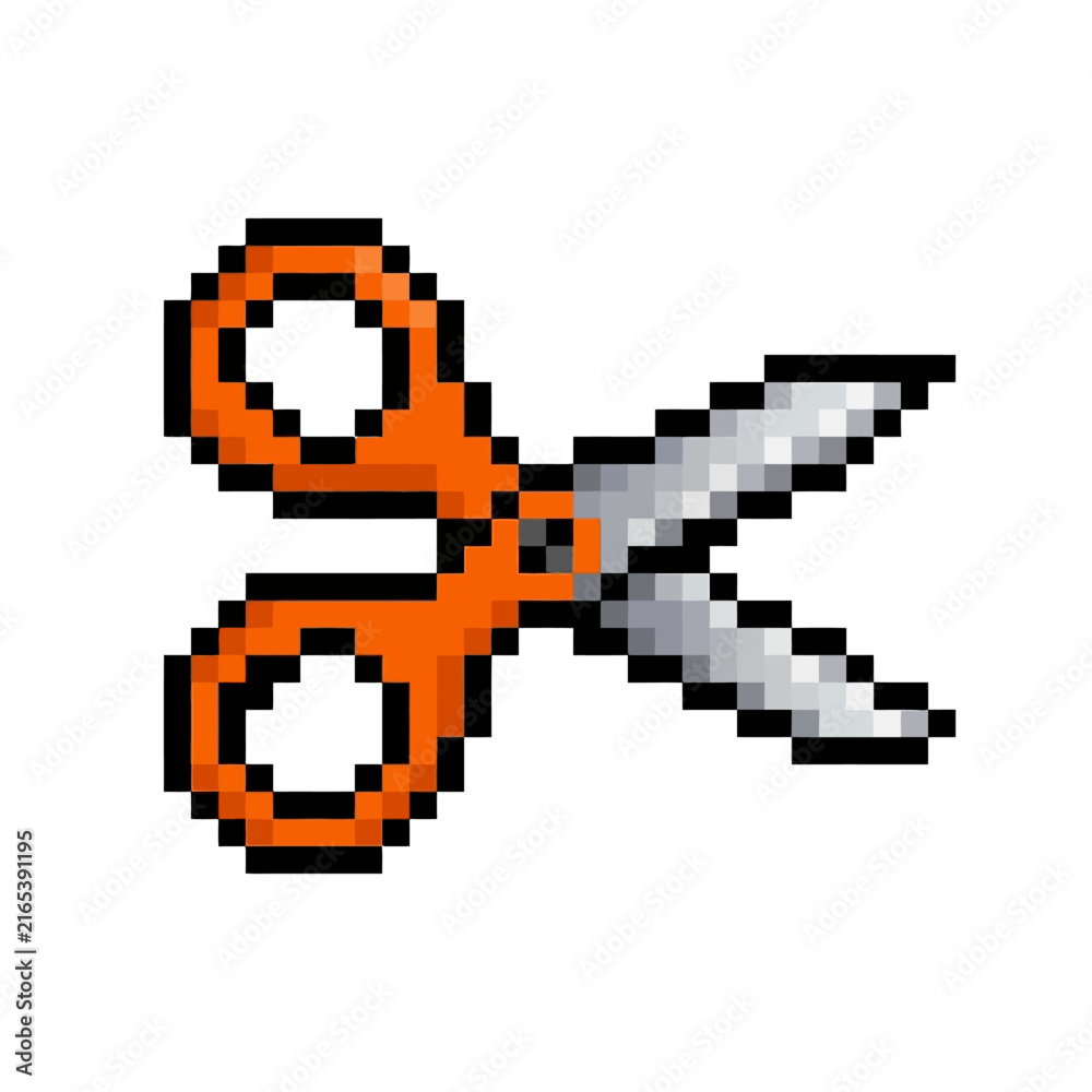 Fototapeta premium Scissors pixel art icon features bright orange handles and sharp metallic blades.