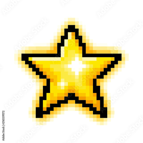Golden Pixel Art Star Icon for Game UI Reward and Achievement Level Up Award Vector Illustration