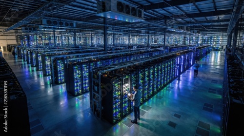 IT technician working in a large modern data center server room with glowing server racks.