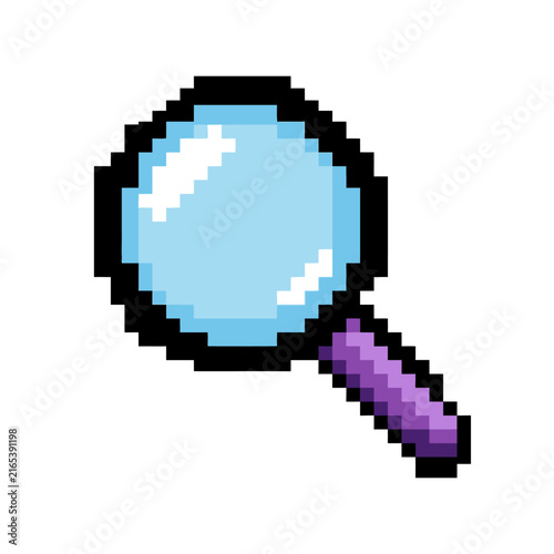 Magnifying glass pixel art icon stands out against a clean white background.