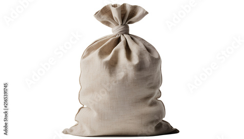 A realistic blank linen sack isolated on a pure white background, soft natural fabric bag standing upright, slightly filled shape with tied top, visible textile folds and woven texture, neutral beige 