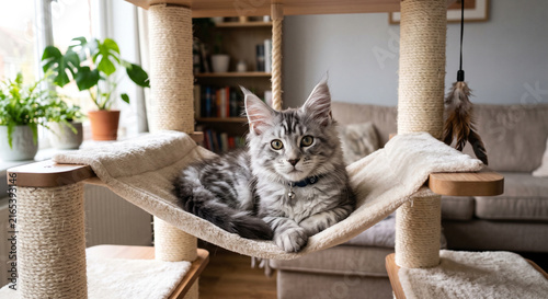 Foto Gray tabby cat resting on a cat tree in a cozy living room setting
