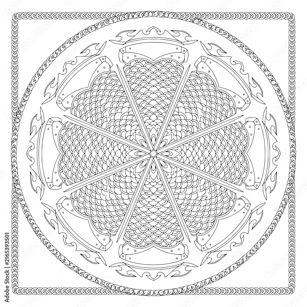 Naklejka premium Detailed vector line art of a circular armored emblem with a chain link square border and scaled textures for fantasy game assets or concept art