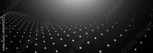 An abstract monochrome wave of glowing dots on a dark background. The illustration conveys the visualization of a data flow, a three-dimensional grid, forming a futuristic landscape of glowing particl
