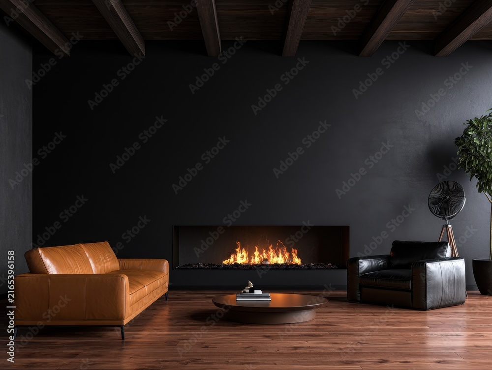 Fototapeta premium Modern luxury living room interior with a black wall, fireplace, leather sofa, armchair, and wooden floor, elegant dark moody home decor design