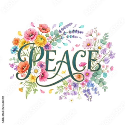 Floral peace typography design with colorful spring flowers and greenery isolated on white background
