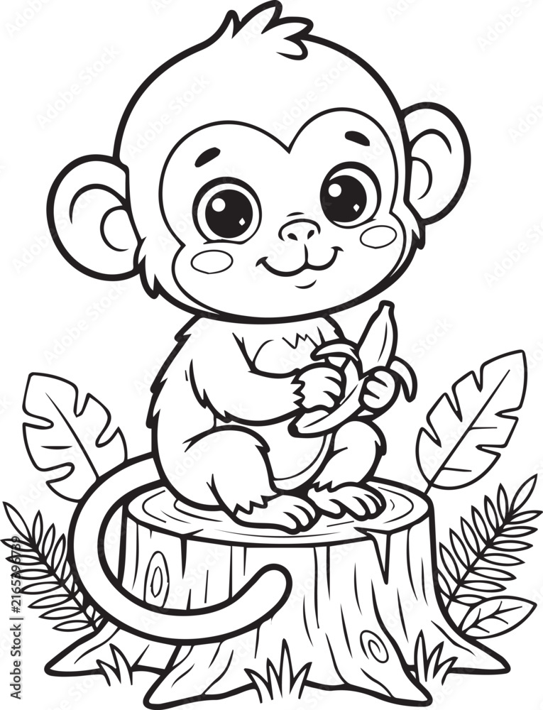 Fototapeta premium Cute cartoon baby monkey eating a banana while sitting on a tree stump isolated on transparent background