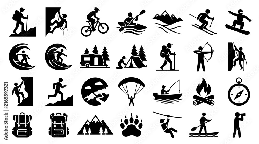 Fototapeta premium Outdoor adventure icons, 28 sport vectors