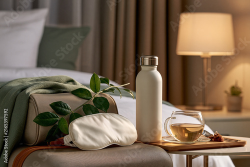 Luxury travel recovery scene with suitcase water bottle sleep mask herbal tea and hotel light highlighting jet lag brain fog wellness