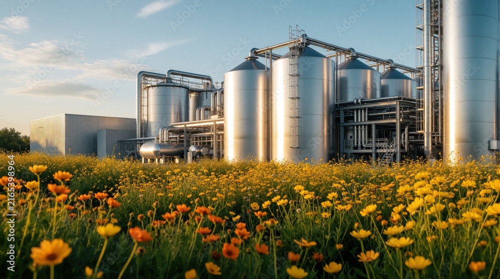 Fototapeta premium Modern biogas plant with silos and pipes stands in field of yellow wildflowers. Sustainable energy facility produces gas from organic matter, clean fuel source.