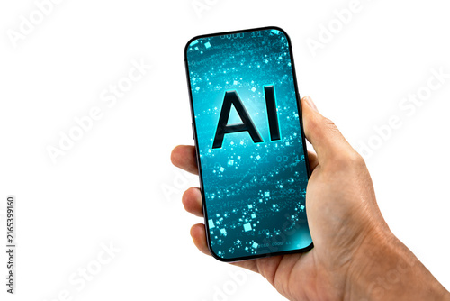 Hand holding smartphone with AI technology concept on screen