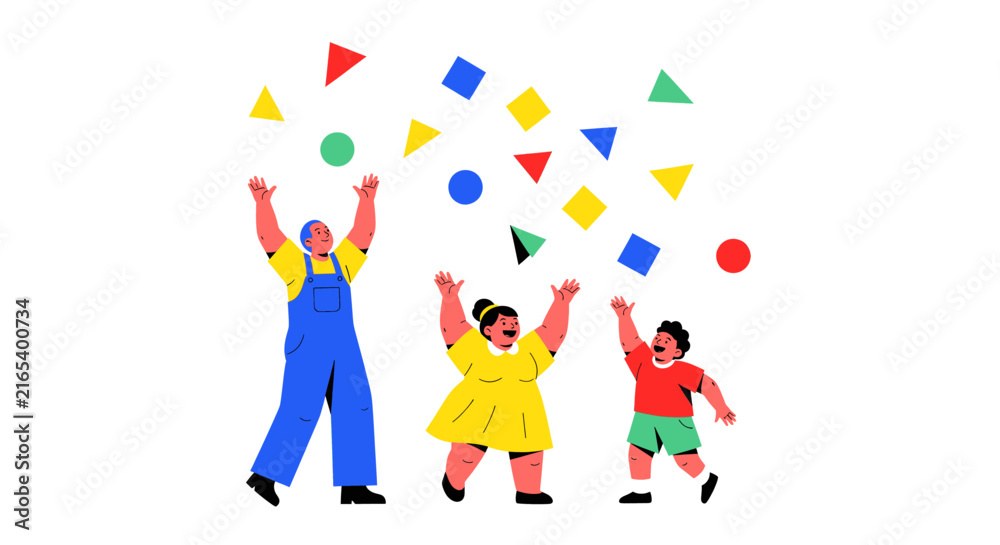 Fototapeta premium People throwing colorful shapes in air.