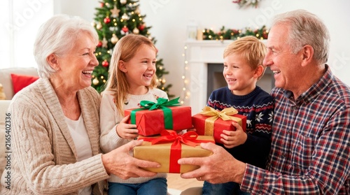 A joyful multi-generational family celebrates Christmas together. All four family members hold multiple gifts and share a hearty group laugh.