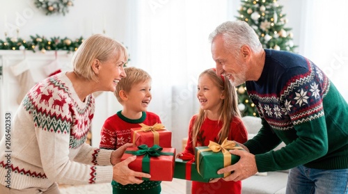 A joyful multi-generational family celebrates Christmas together. All four family members hold multiple gifts and share a hearty group laugh.