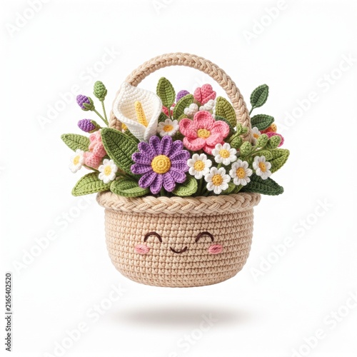 Handmade Crochet Flower Basket with Colorful Blossoms Rustic Decorative Craft Arrangement.