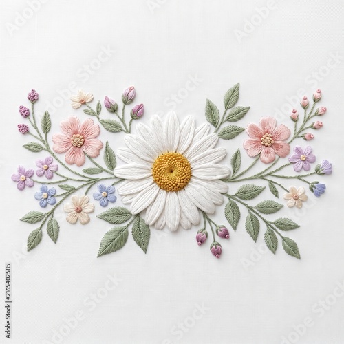 Premium Floral Embroidery Composition with Graceful Horizontal Botanical Decorative Design Artwork.