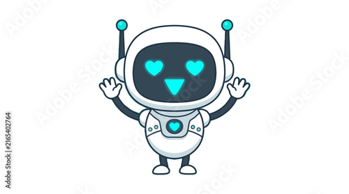 Friendly white cartoon robot character waving hands with glowing heart shaped eyes on teal background