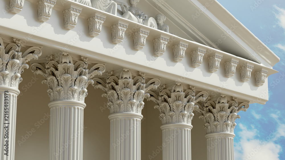Fototapeta premium Corinthian column building, ancient greek architecture, acanthus capitals, classical pediment, blue sky