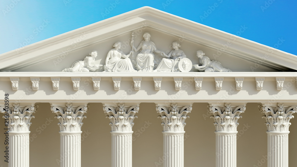Fototapeta premium White fluted Corinthian columns with acanthus capitals support an ornate classical pediment