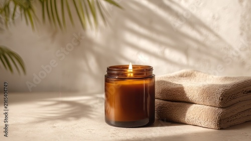 Scented candle in amber glass jar, burning soy candle on spa table, wellness aromatherapy with towels and palm leaf shadows