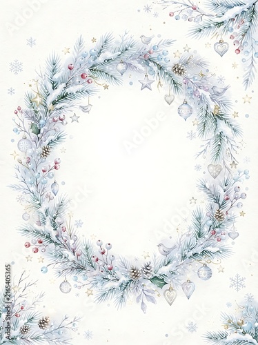 Christmas watercolor illustration framed by delicate snow covered evergreen branches