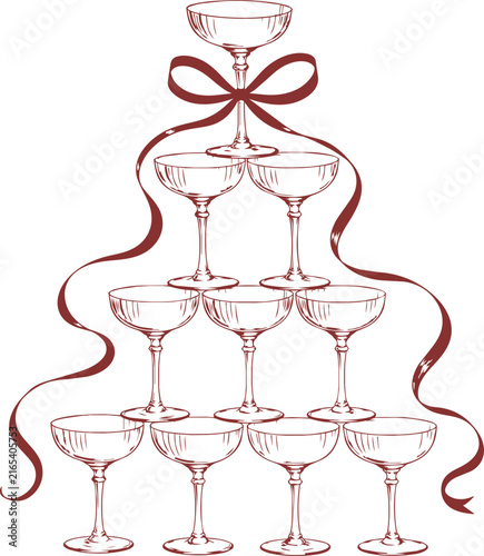 Hand Drawn Champagne Tower Line Art with Bow Ribbon for Wedding and Celebration Design