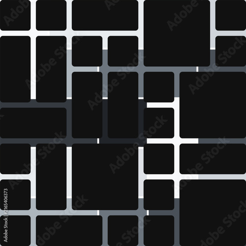 An abstract geometric composition featuring black rectangles with rounded corners on a light gray background. The minimalist modular pattern is reminiscent of a modern interface, an architectural grid