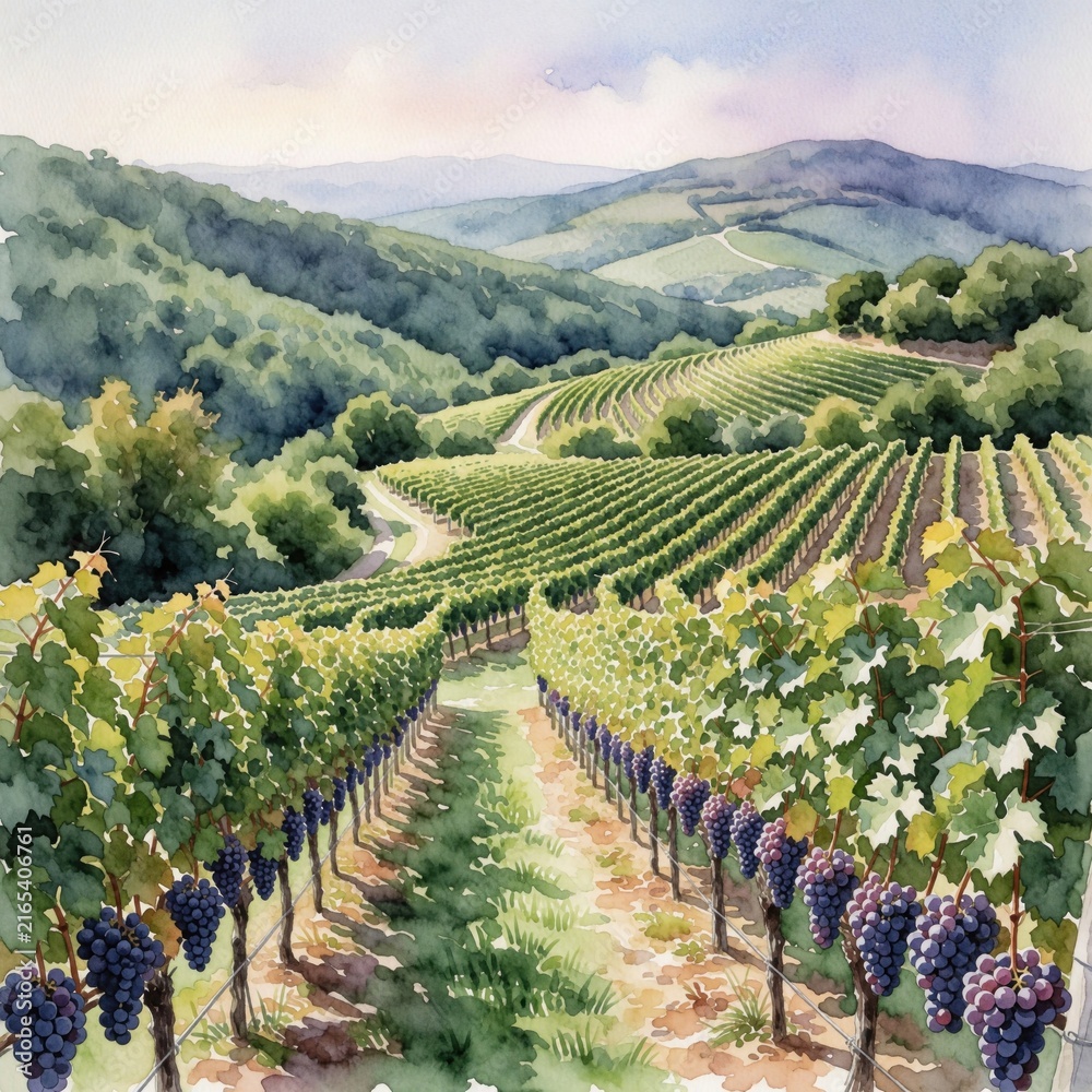 Fototapeta premium Watercolor painting shows rich green vineyard rows on rolling hills. Ripe purple grapes hang from vines under a soft blue sky. A winding path leads through the scenic countryside farm.