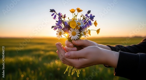 hands holding fresh spring flowers in a field at sunrise