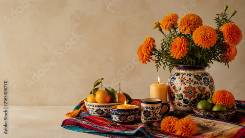 Marigold Flowers and Folk Ceramics With Copy Space