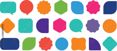 A vibrant collection of colorful speech bubbles and geometric shapes arranged in a repeating pattern on a white background