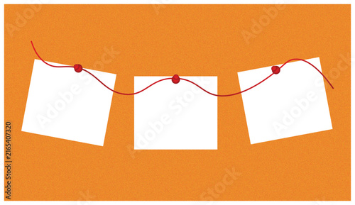Three blank white paper notes hanging on a red string against an orange textured background