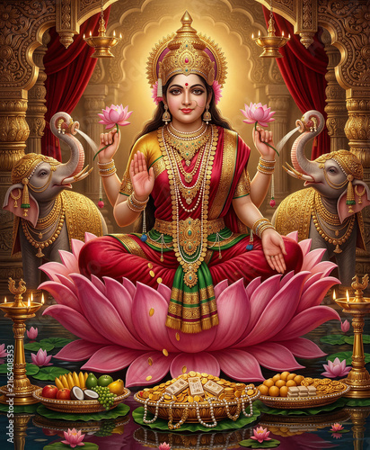 Traditional mythological iconography of Goddess Lakshmi bringing prosperity and wealth.