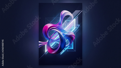 Futuristic Abstract 3D Ribbon with Neon Geometric Shapes and Glowing Blue Pink Light