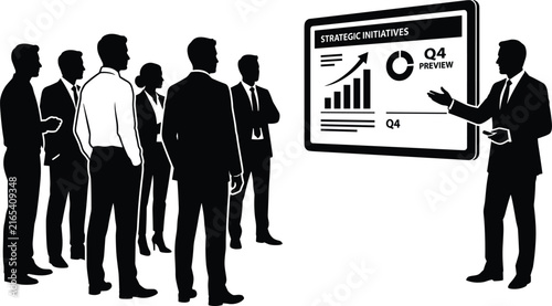 Business Team Meeting Presentation Silhouette with Strategic Planning Dashboard