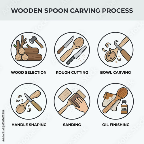 Wooden spoon carving steps illustrate the manual transformation of raw timber into a polished kitchen utensil using traditional tools and finishing oil.