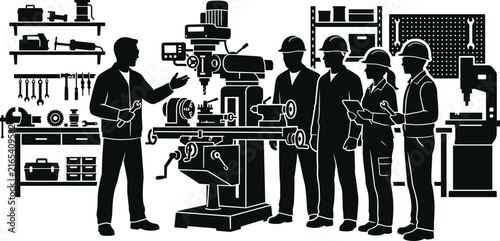Industrial Manufacturing Workshop Workers Black Silhouette Vector Illustration