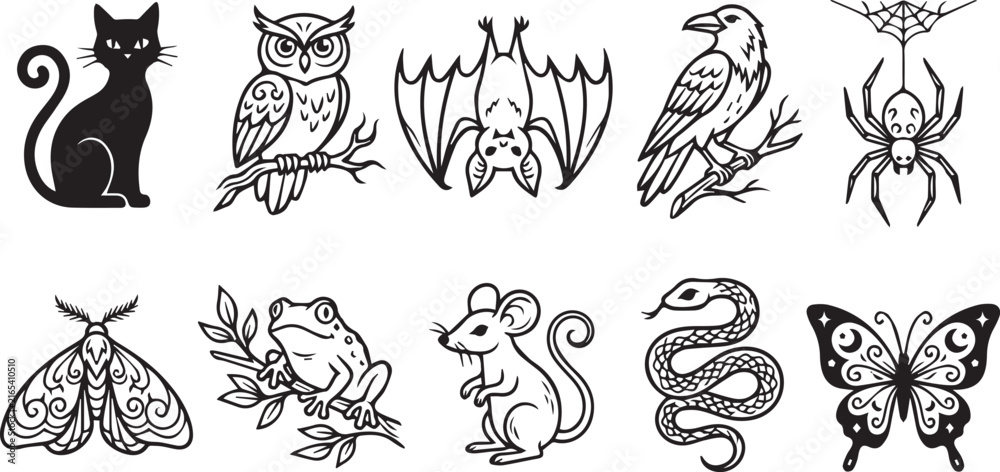 Fototapeta premium Spooky halloween mystical animals vector line art collection with black cat owl bat raven spider moth frog mouse snake butterfly icons