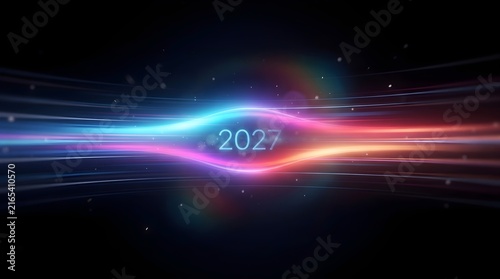A futuristic neon light display with the year 2027 in a dark space background