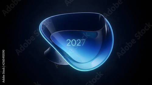 A futuristic blue glass object with the year 2027 displayed on it in a dark room