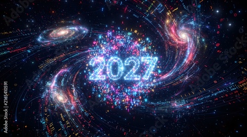 A futuristic digital illustration of the year 2027 in a vibrant cosmic background with galaxies and stars