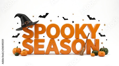 Decorative orange spooky season text letters with a witch hat and pumpkins isolated on a plain white background for halloween holiday design