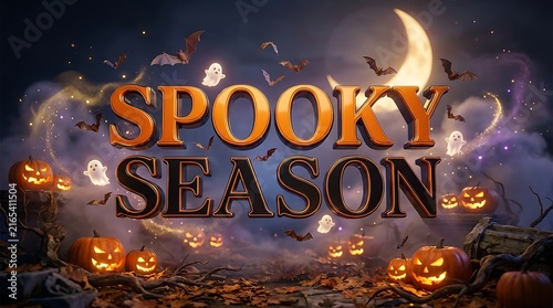 A festive halloween background featuring the text spooky season surrounded by glowing jack o lanterns bats and a crescent moon at night