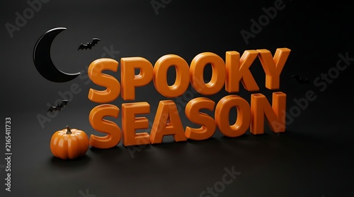 A festive three dimensional text design reading spooky season with a small pumpkin and a crescent moon on a dark black background
